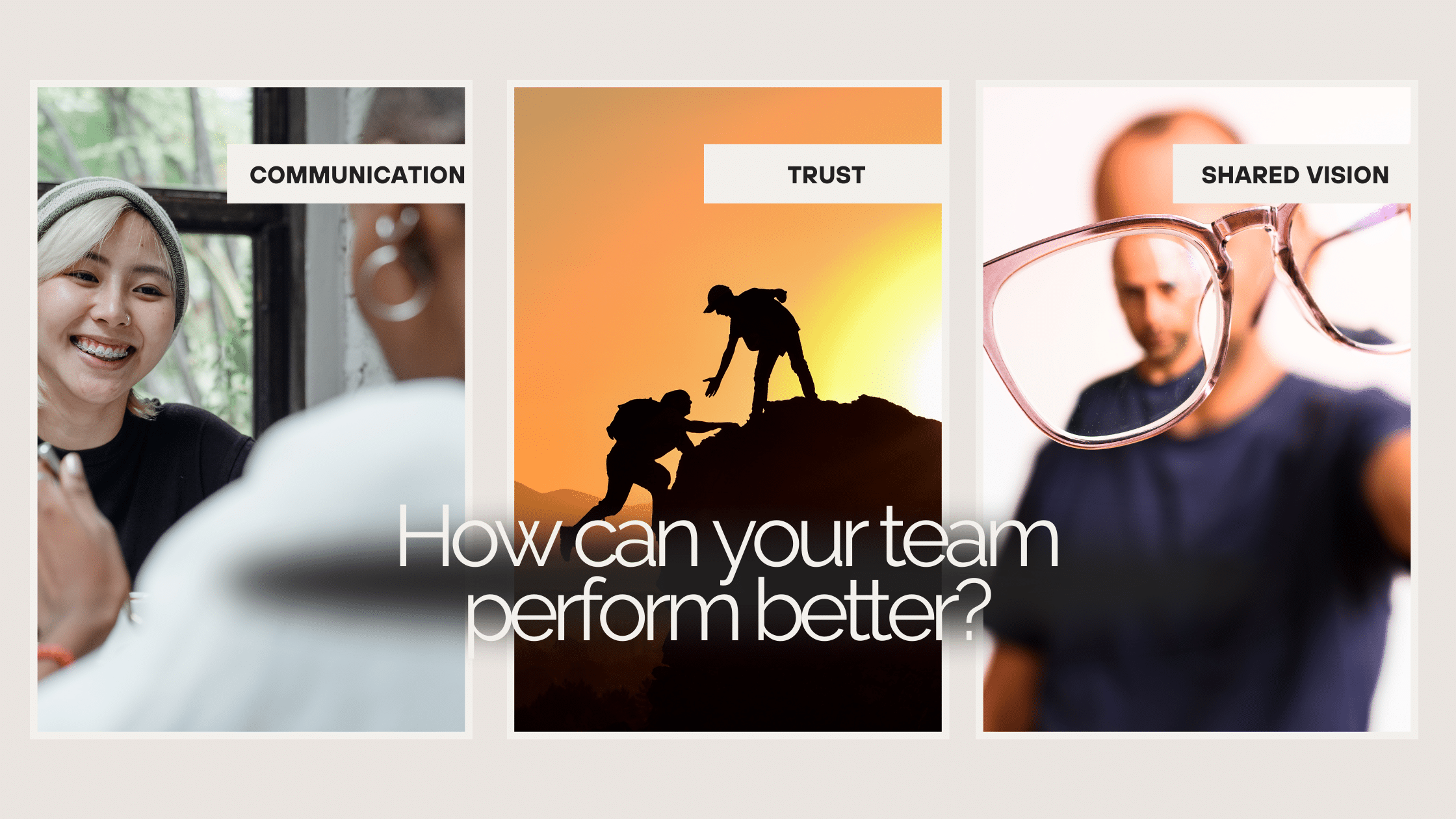 High perforning team. images illustrating communication, shared goals and trust